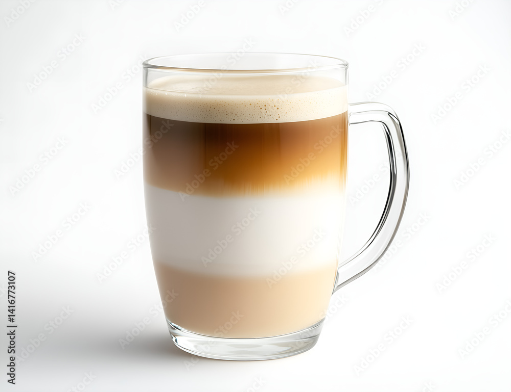 Layered Latte Delight: A captivating visual of a beautifully layered latte, showcasing the delicate dance of coffee, milk, and froth, all held within a transparent glass mug. Layered Latte Delight: A captivating visual of a beautifully layered latte, showcasing the delicate dance of coffee, milk, and froth, all held within a transparent glass mug.