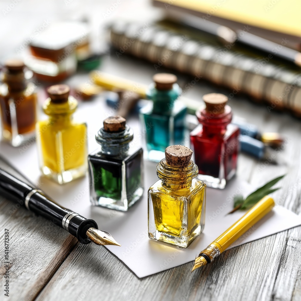 Vibrant Inkwells and Fountain Pens: A Colorful Array for Creative Writing and Artistic Expression on Wooden Desk