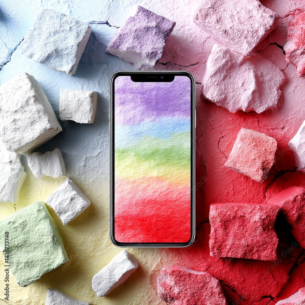 Vibrant Phone Display: A Blend of Technology and Colorful Rocks in a Textured Landscape Presentation