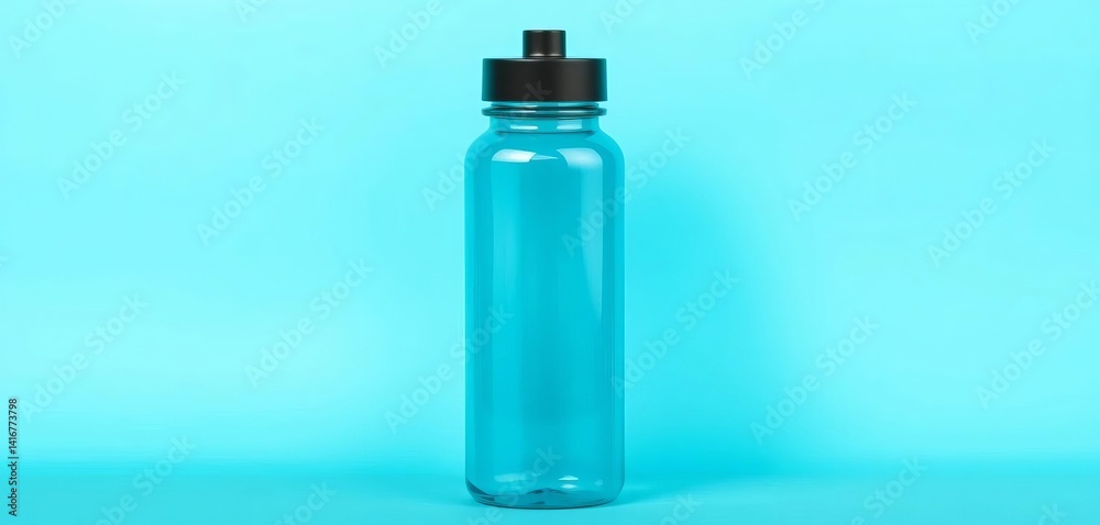 Teal reusable water bottle against turquoise backdrop, bright, stock photo Teal reusable water bottle against turquoise backdrop, bright, stock photo