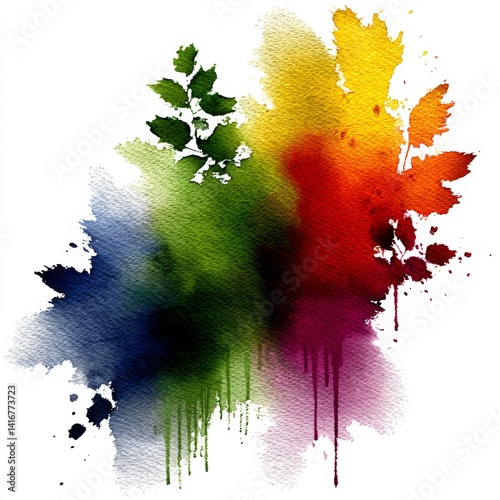 Vibrant Watercolor Splash: An Artistic Fusion of Colors and Textures with Subtle Botanical Accents on a Clean White Backdrop