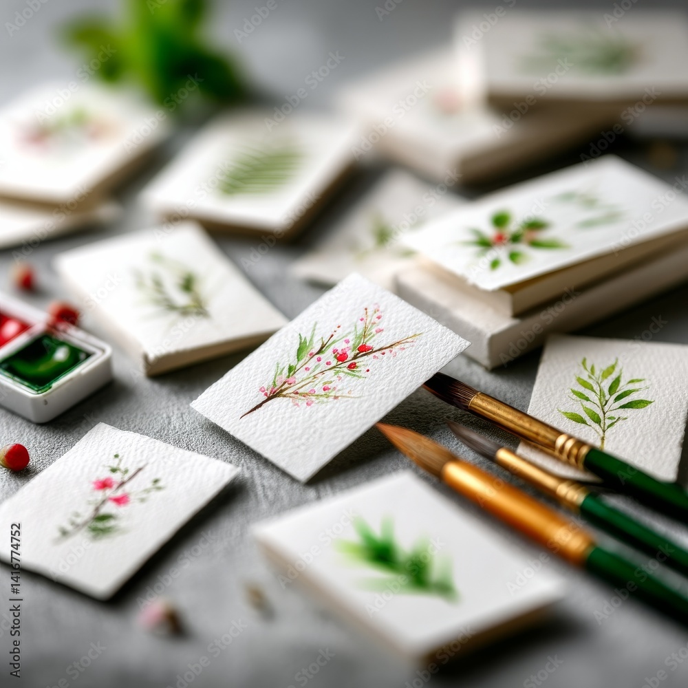 Watercolor Still Life: Botanical Art Cards in Progress with Brushes and Paintbox Detail