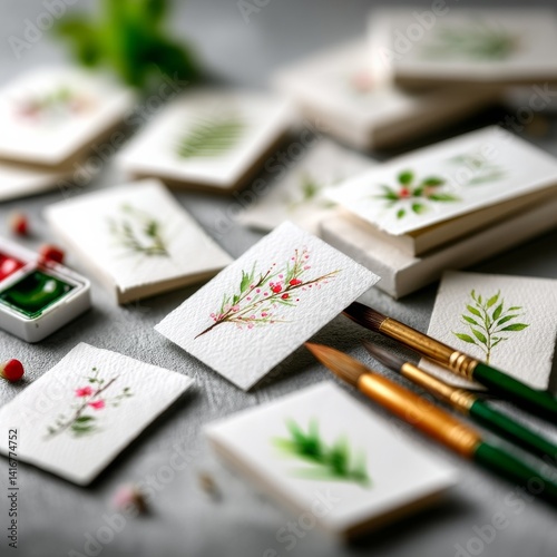 Obraz na płótnie Watercolor Still Life: Botanical Art Cards in Progress with Brushes and Paintbox Detail w salonie