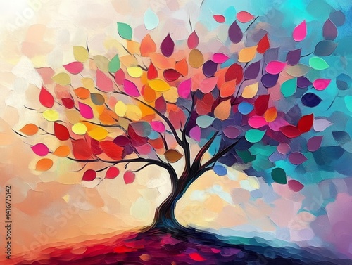 An artistic rendition of a vibrant tree bursts forth with colorful leaves, offering a symbol of life and growth. The painting captures the essence of nature and its colorful spectrum.