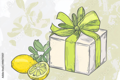 birthday gift box with lemon and olive ribbon, hand-drawn sketch style, summer mediterranean colors, sticker-ready