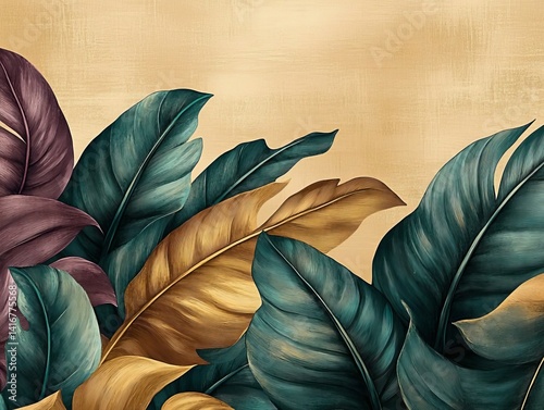 Elegant close-up of richly textured and vividly colored leaf art with an eye-catching backdrop, perfect for design projects. The piece showcases botanical elegance.