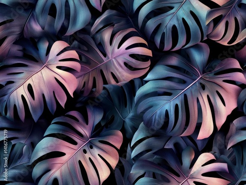 A mesmerizing collection of elegant, tropical Monstera leaves, their textured surfaces and vibrant, gradient colors creating an enchanting display of nature's artistry.