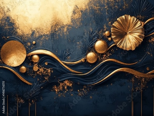 An opulent and luxurious artistic composition featuring golden metallic elements, set against a deep, elegant blue backdrop, evoking a sense of sophistication and refined aesthetics.