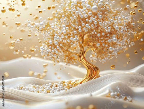 An ethereal tree, crafted from lustrous gold, stands adorned with gleaming pearls against a soft backdrop, emanating luxury and elegance.