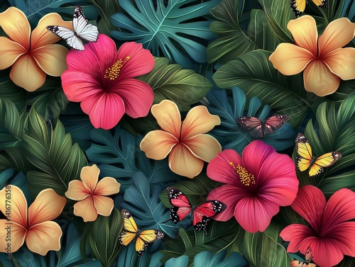 Vibrant tropical flora showcases a kaleidoscope of colors, from the vivid red hibiscus to the delicate wings of butterflies, all intertwined within lush green foliage.