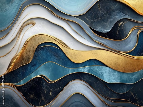 A mesmerizing abstract composition of flowing gold and deep blue hues that creates a sense of luxury. The image evokes elegance and opulence.
