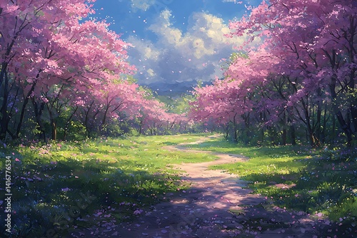 Pastel-colored springtime pathway amidst blossoming cherry trees.