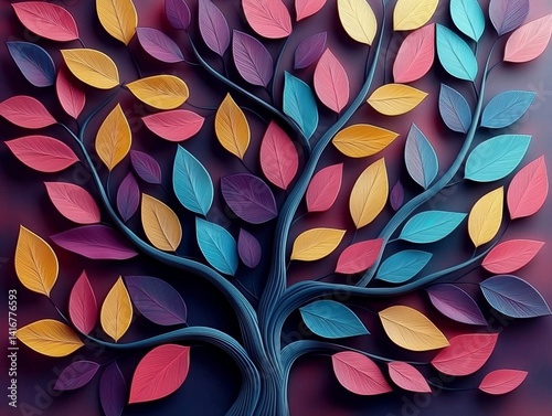 Colorful paper art tree with leaves in various colors.