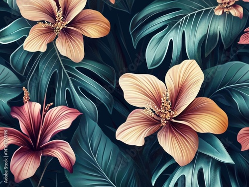 A vibrant tropical floral seamless pattern with a mesmerizing aesthetic showcasing stunning blossoms and lush green leaves, evoking a sense of exotic beauty and organic elegance. 