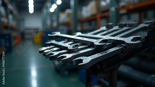 Exquisite arrangement highlighting an assorted wrench set displayed elegantly within an industrial ambiance conveying precision performance and advanced mechanical design at its finest in  Photo Stock photo