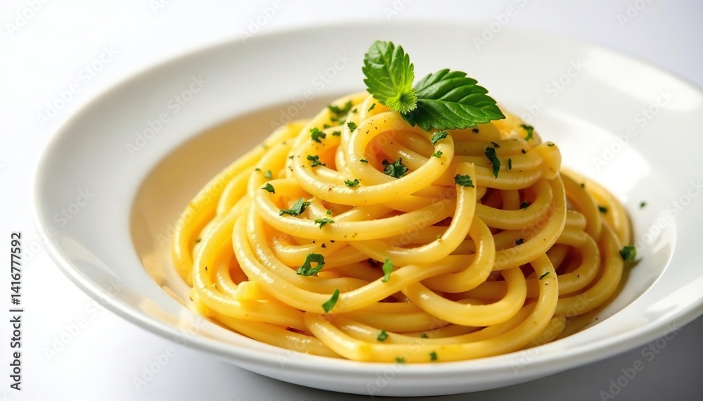 Gourmet pasta dish with fresh herbs, white background, food photography, foodie, basil Gourmet pasta dish with fresh herbs, white background, food photography, foodie, basil