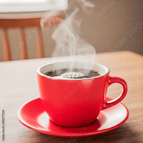 Steaming Hot Coffee in a Red Cup on a Saucer, Ready to Drink