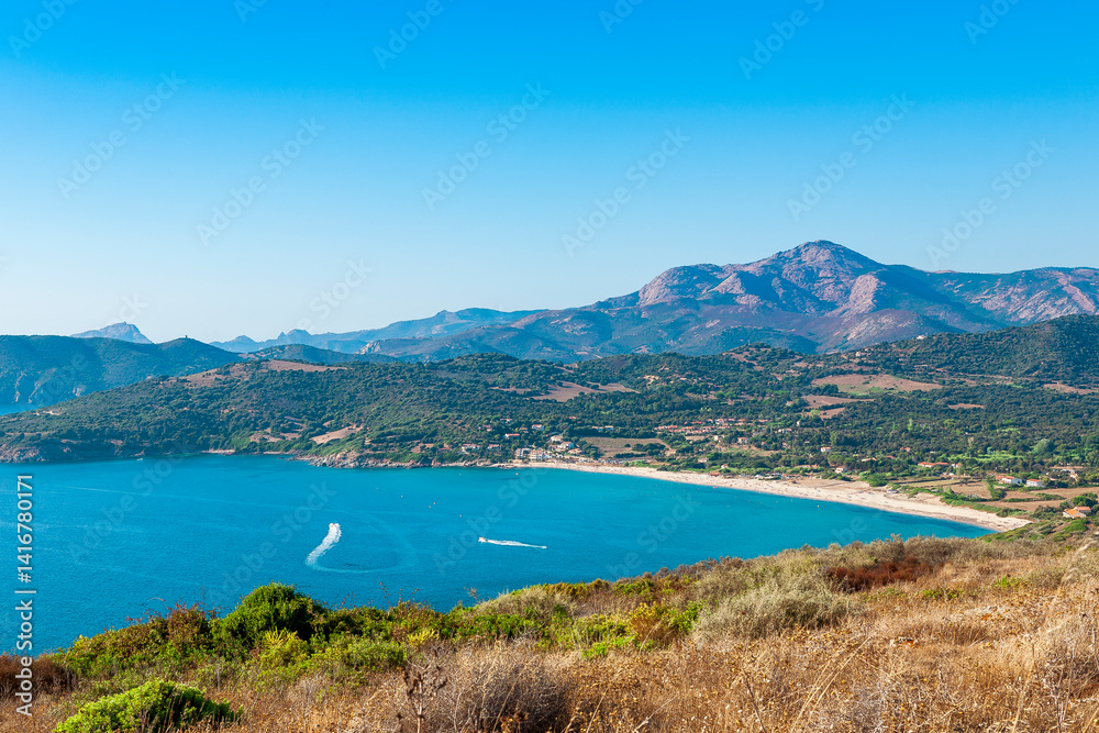 Naklejka premium Pero beach, Cargèse, Corsica, France, typical and picturesque hillside village. Hilltop town nestled on the coast above the Mediterranean sea.