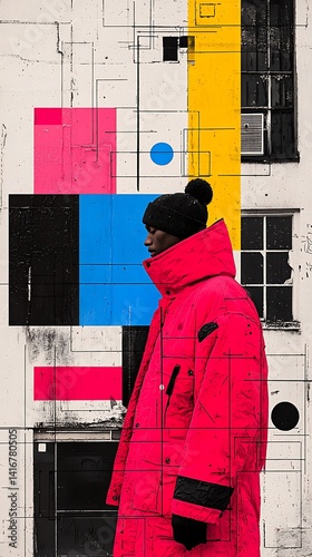 Urban figure in a vibrant red parka, contrasted by bold geometric patterns.