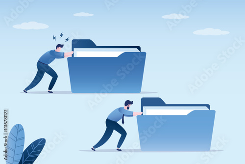 Business competition. Enterprising businessmen pushing folders. Winning business strategy. Better portfolio give results and advantages. Effective business plan and strategy.