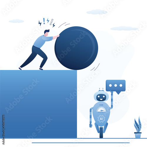 Angry businessman push big stone ball on robot with AI. Chat bot attacked by human. Rejection of innovations, fear of neural network development, fight against artificial intelligence.