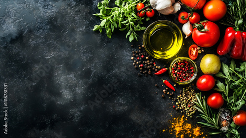 Culinary Canvas: An overhead composition displays a vibrant array of fresh produce and spices, hinting at the creation of a delectable culinary masterpiece.