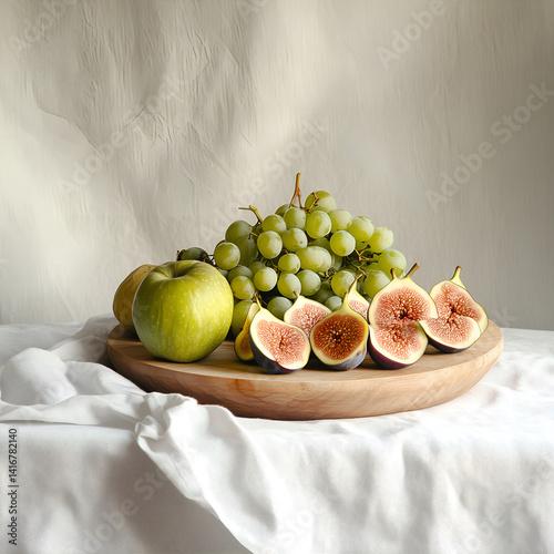 Nature's Bounty: Freshly picked grapes, figs, and a crisp apple rest upon a wooden platter, evoking a sense of natural abundance and rustic charm.