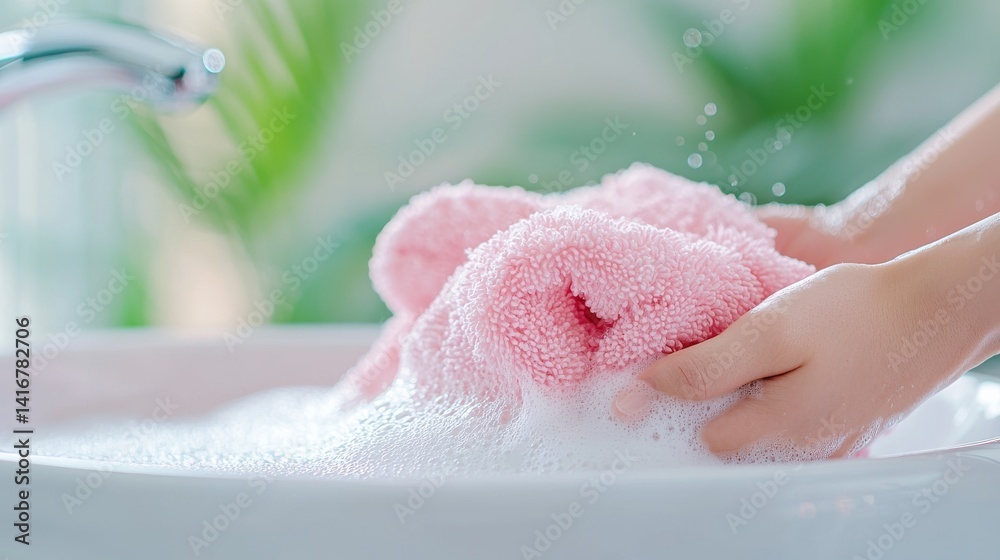 Fototapeta premium Hands Washing a Pink Towel in Soapy Water Surrounded by Greenery Creating a Fresh and Serene Atmosphere