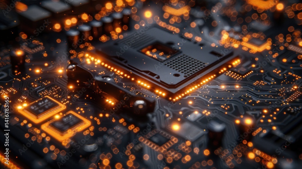 Close-up view of a circuit board with a central processor chip, illuminated with orange lights. Close-up view of a circuit board with a central processor chip, illuminated with orange lights.