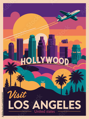 Los Angeles, USA travel destination poster in retro style. Colorful vector art illustration