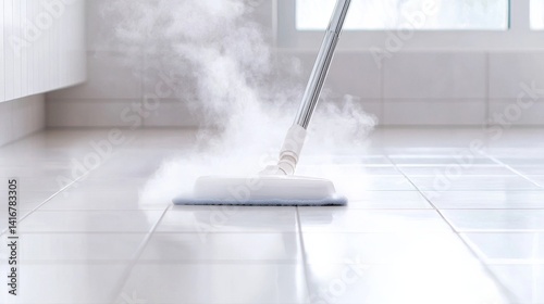 Steam Mop Cleaning Tile Floor in a Bright Modern Room with Natural Light Streaming Through a Window photo