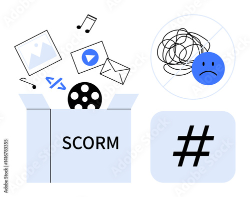 Box labeled SCORM releasing multimedia files, code, image, music. Nearby no-clutter icon and metadata tag emphasize organization. Ideal for e-learning, education, content sharing, digital tools
