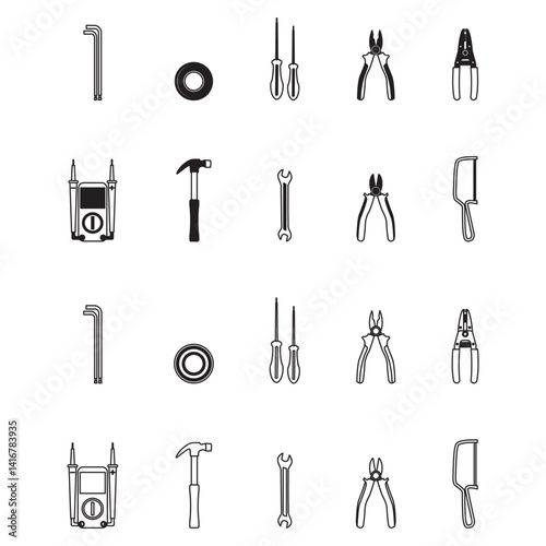 Hand tool icon set including pliers, hammers, screwdrivers, wrenches, and more. Simple outline style for mechanical, repair, and construction design.