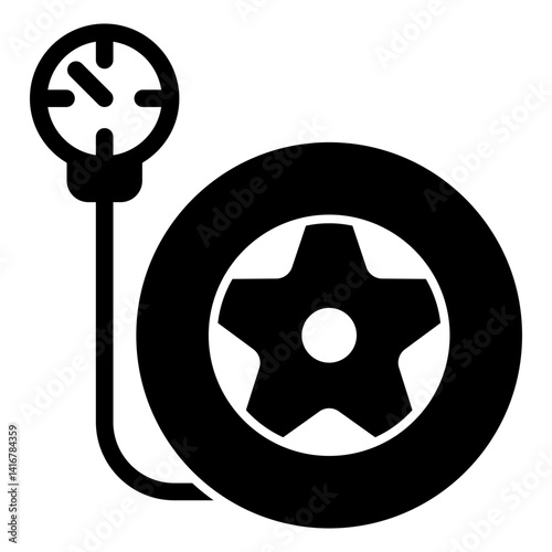 Car wheel tire with pressure gauge solid icon, car service concept. Vector graphics. Changing tires air pressure sign on white background, glyph style mobile or design.