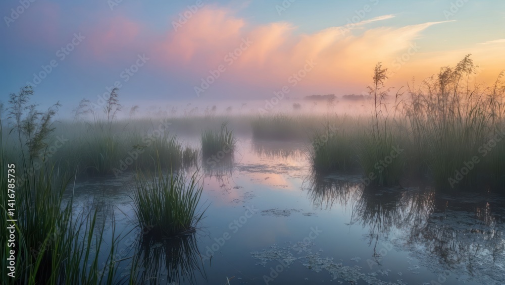 Foggy wetland with grass and water Foggy wetland with grass and water