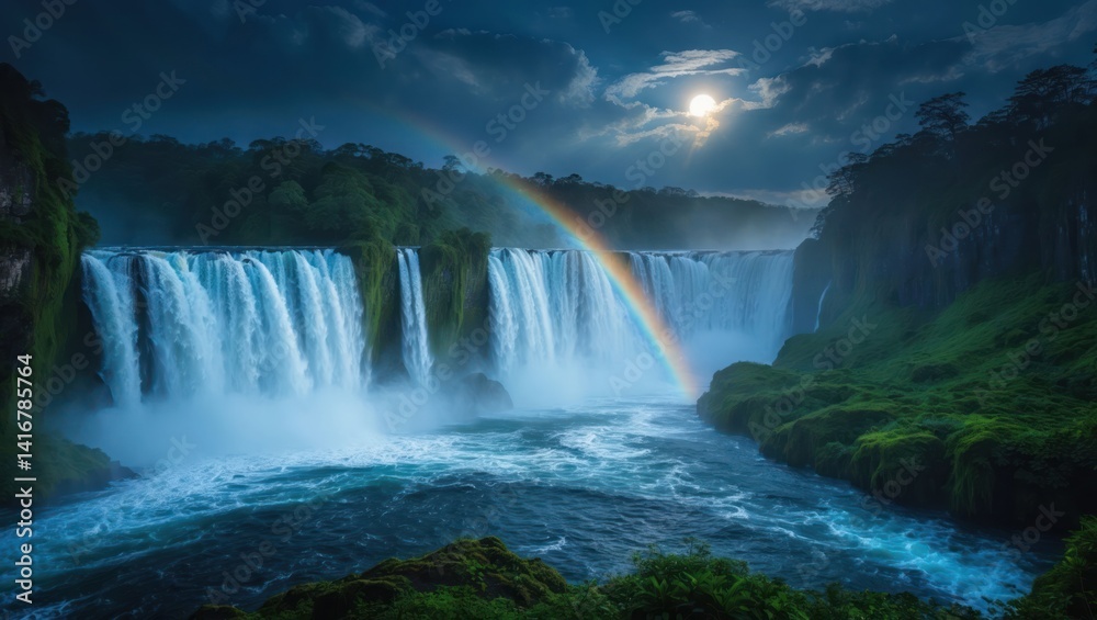 Fototapeta premium Waterfall rainbow river moon scenic landscape