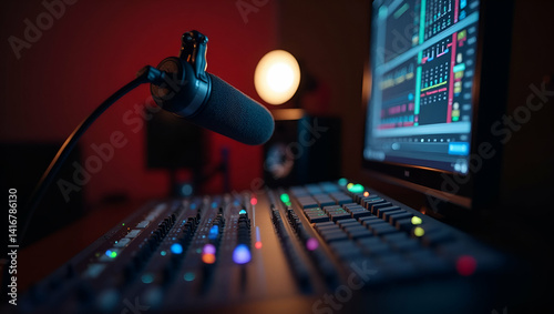 Showcasing impeccable podcast sound quality through advanced audio engineering high fidelity recording equipment and optimized acoustics for pristine broadcast excellence. in  Photo Stock  Concept  an