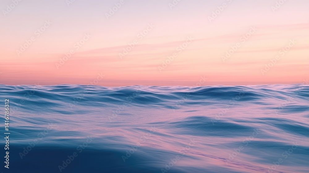 Fototapeta premium A calm ocean with smooth waves under a pastel-colored sky at dusk.