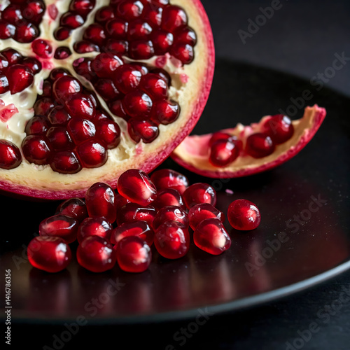 Vibrant Close-Up of a Sliced Pomegranate Revealing Juicy Red Arils