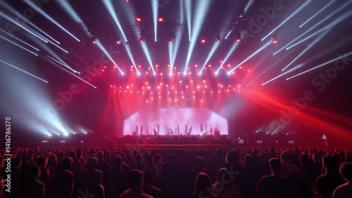 Crowd Cheering at Music Festival with Bright Stage Lights Display and Concert Show