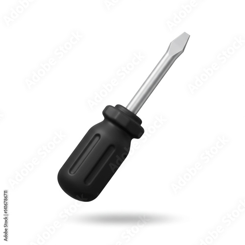 A poised black screwdriver ready to tackle any project, showcasing its sleek design and sharp metallic tip against a pristine white backdrop.