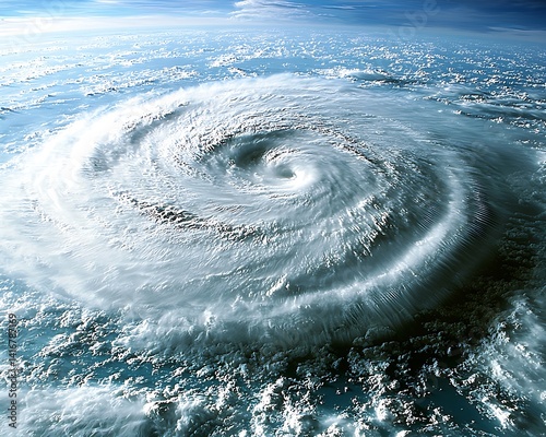 Powerful hurricane swirling over vast ocean waters.