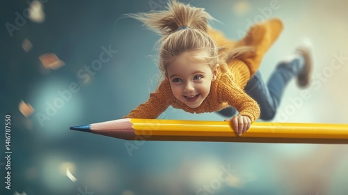 Child flying on a pencil in a whimsical school concept