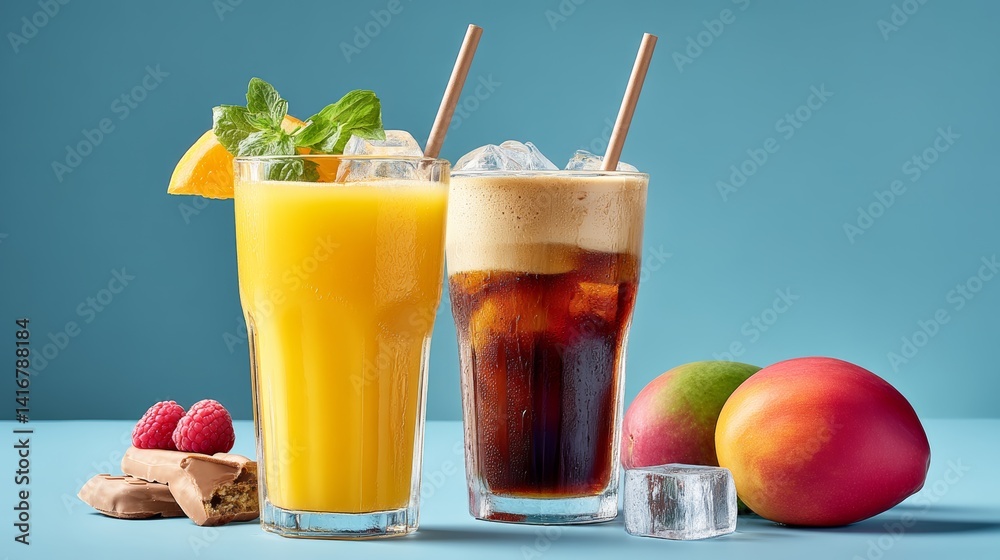 Fototapeta premium Two drinks, one orange and one dark, sit on a table with a plate of fruit. The drinks are served in tall glasses with straws