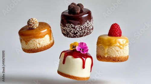 Four different types of cakes with different toppings and decorations. The cakes are flying in the air, giving the impression of a light and airy dessert