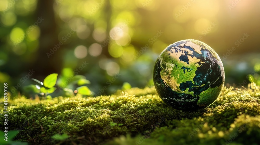 Globe on moss in a forest - environmental concept.