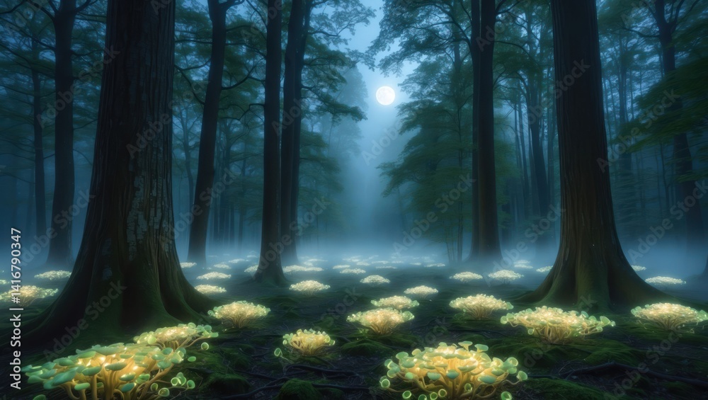 Obraz premium Glowing Mushroom in Misty Forest with Moon