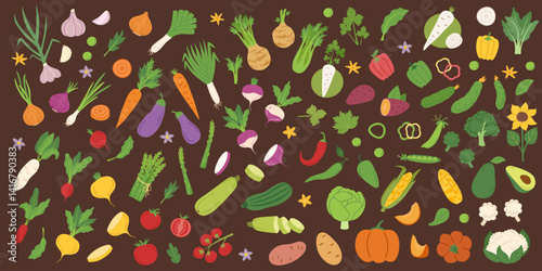 Set of vegetables isolated on brown background. Gardening, food, healthy eating and harvest concept cliparts. Vector flat hand drawn banner.	