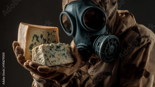 Man in gas mask holding stinky blue cheese