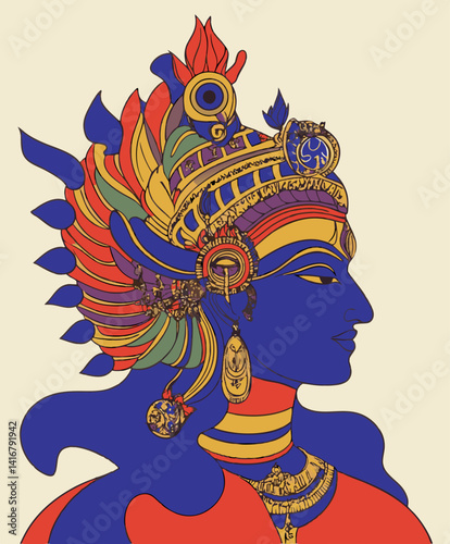 Intricate Cultural Portrait: A detailed illustration of a regal figure, adorned in vibrant traditional garments and intricate headwear, embodying the elegance and spirituality of ancient heritage.